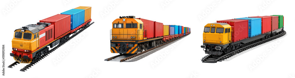 Colorful Freight Trains with Containers Isolated on Transparent Background Colorful Freight Trains with Containers Isolated on Transparent Background