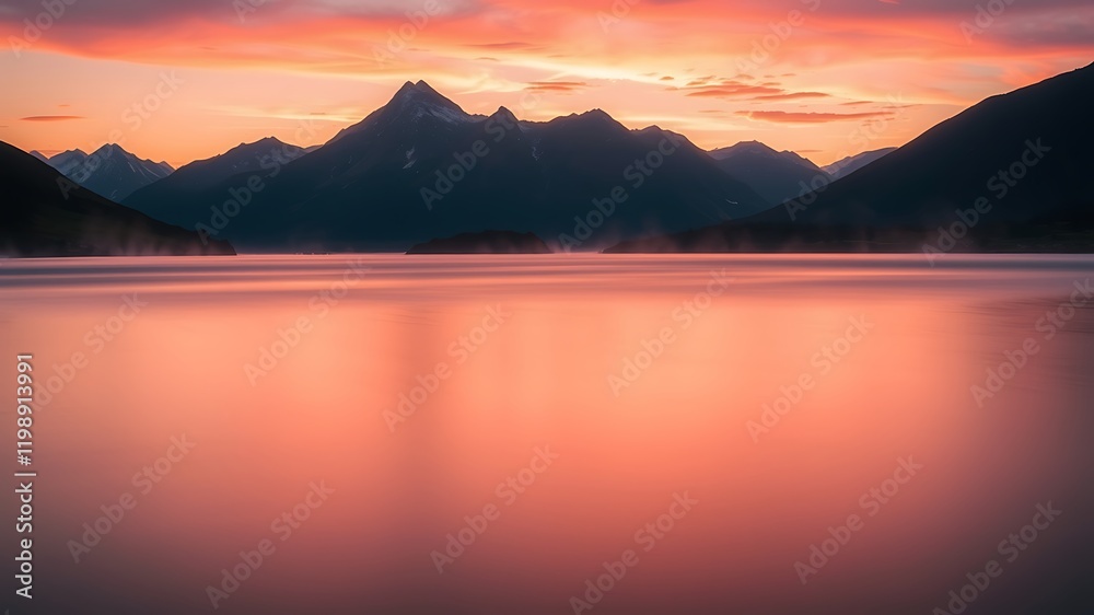 Fototapeta premium Serene sunrise over misty lake with majestic mountain range in the background, a breathtaking landscape photograph,