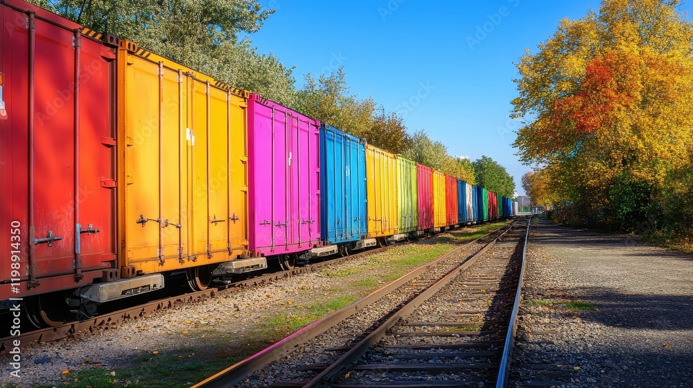 Fototapeta premium Railway freight yard with colorful cargo containers and mountain backdrop