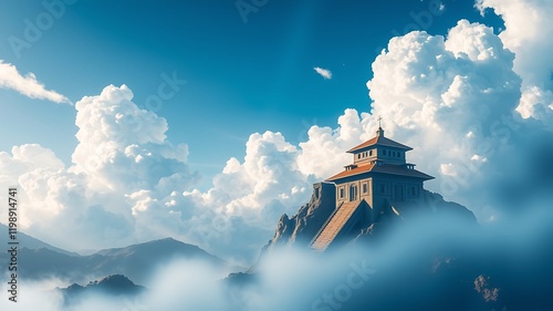 A serene temple perched atop a mountain peak, enveloped in mist and dramatic clouds under a vibrant blue sky, offers a peaceful and spiritual scene. photo