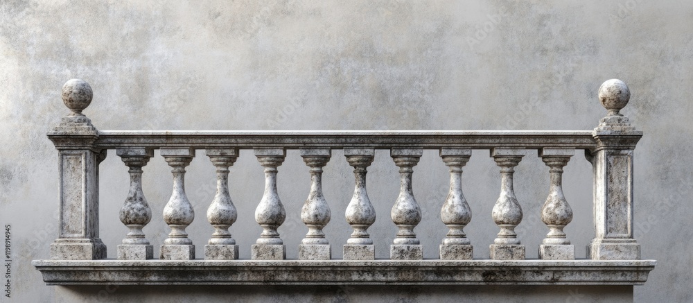 Fototapeta premium Balustrade with decorative stone pillars and spheres against a textured wall background Copy Space