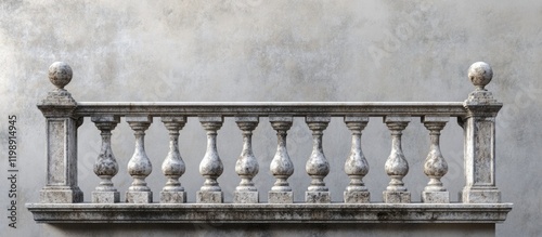 Balustrade with decorative stone pillars and spheres against a textured wall background Copy Space photo