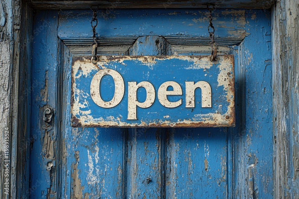 Rustic open sign hanging on a shop door in urban setting Rustic open sign hanging on a shop door in urban setting