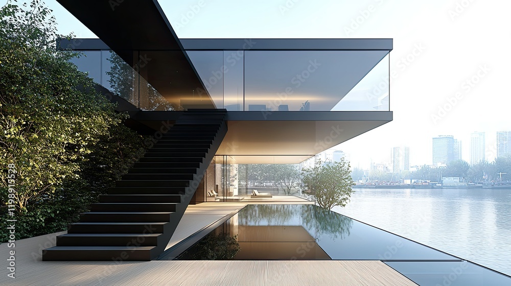 Fototapeta premium Modern Waterfront House with Glass Walls and Infinity Pool