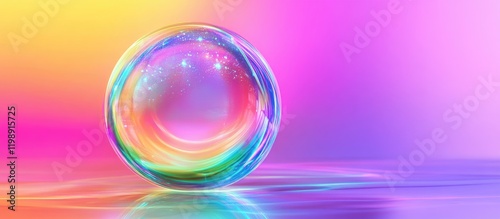 Colorful soap bubble with reflections on a smooth surface against a vibrant gradient background with copy space for text. photo