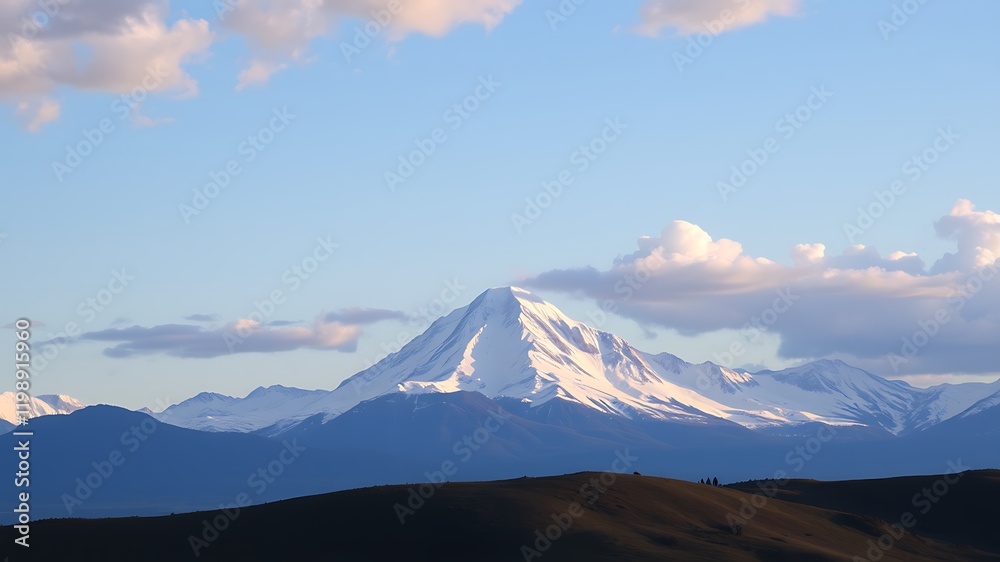 Majestic snow-capped mountain range under a serene pastel sky, showcasing a stunning natural landscape perfect for travel and adventure posters. Majestic snow-capped mountain range under a serene pastel sky, showcasing a stunning natural landscape perfect for travel and adventure posters.