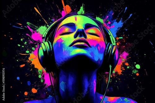 Wallpaper Mural Colorful portrait of a woman enjoying music with vibrant paint splashes around her Torontodigital.ca