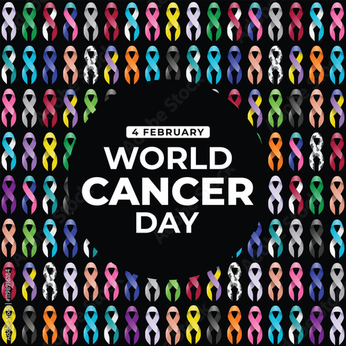 World Cancer Day text in black circle on background with set of ribbons of different colors against cancer sign texture vector design