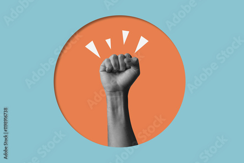 Modern art collage on the theme of support. Hand holds a fist on a blue background