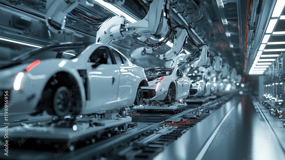 Robotic Arms Assembling Cars in a High-Tech Automotive Factory Robotic Arms Assembling Cars in a High-Tech Automotive Factory
