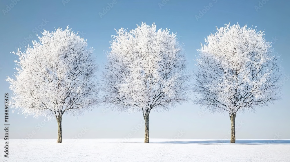 Three trees covered in snow, with a clear blue sky and white background. Three trees covered in snow, with a clear blue sky and white background.
