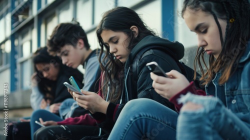 Teenagers Engrossed in Mobile Phones, Sitting in Urban Setting