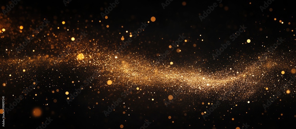 Golden glittering particles on a dark background creating a dynamic wave effect with Copy Space for text placement Golden glittering particles on a dark background creating a dynamic wave effect with Copy Space for text placement