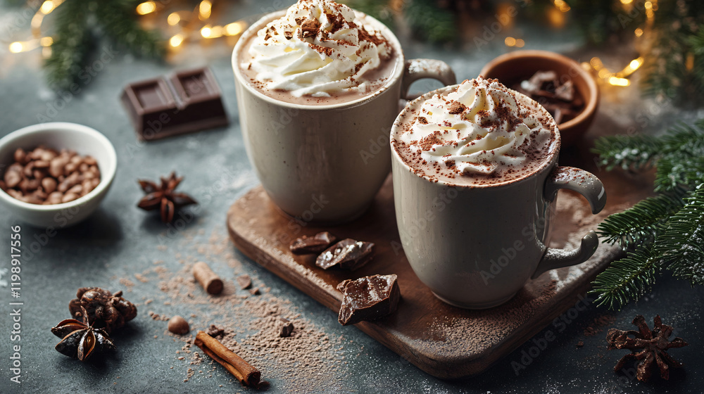A luxurious hot chocolate topped with whipped cream and dusted with cocoa powder, the perfect indulgence for a relaxing moment at home. A luxurious hot chocolate topped with whipped cream and dusted with cocoa powder, the perfect indulgence for a relaxing moment at home.
