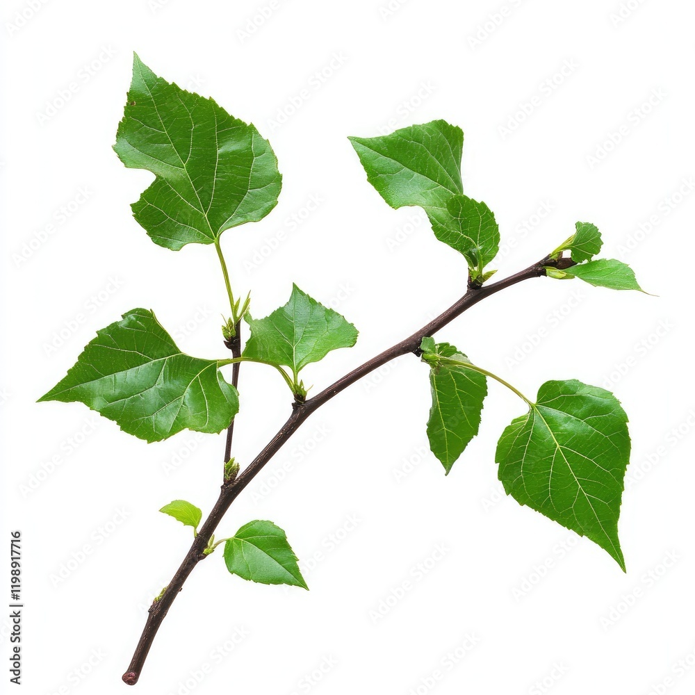 Green leaves on a branch isolated on white background with Copy Space for text placement. Green leaves on a branch isolated on white background with Copy Space for text placement.