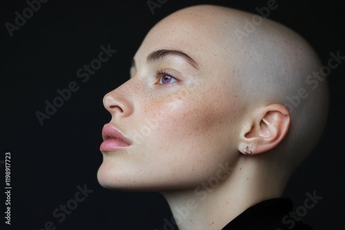Shaved head model posing with freckles and purple eyes