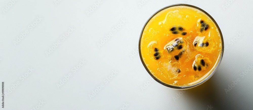 Fototapeta premium Fresh tropical juice with passion fruit and orange slices in a glass on a light background with Copy Space