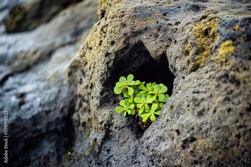 A small plant sprouts from a hole in a rocky surface photo