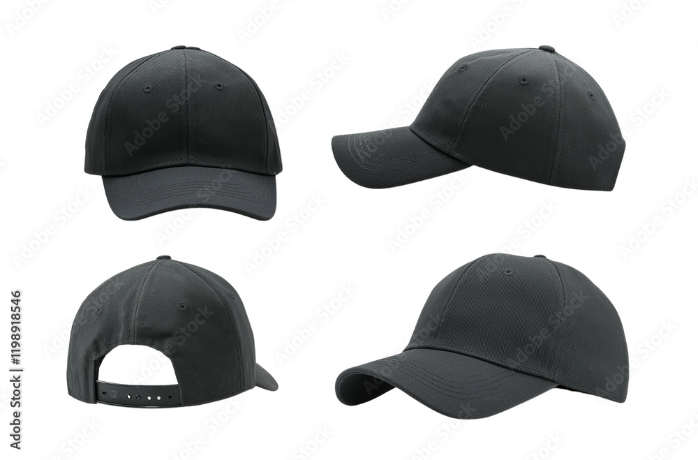Black baseball cap mockup collection isolated on a transparent background, with front, side, and back views Black baseball cap mockup collection isolated on a transparent background, with front, side, and back views