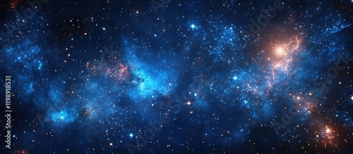 Fototapeta Naklejka Na Ścianę i Meble -  Vivid blue and orange cosmic nebula with bright stars and dark space background suitable for cosmic themes and digital artwork Copy Space