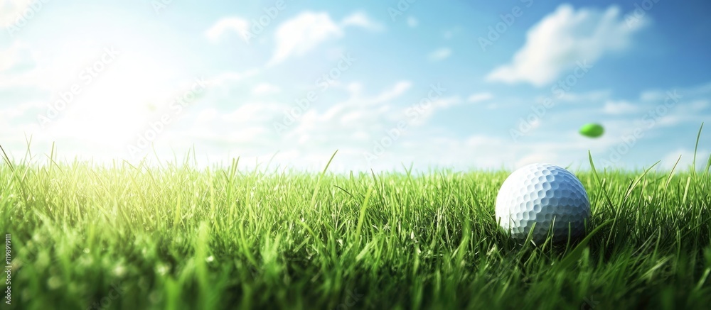 Golf ball on vibrant green grass with clear blue sky and soft clouds in the background Copy Space Golf ball on vibrant green grass with clear blue sky and soft clouds in the background Copy Space