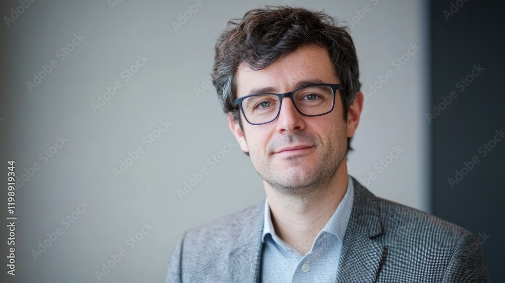 Portrait of a man in a gray suit with glasses against a neutral background with Copy Space for text placement Portrait of a man in a gray suit with glasses against a neutral background with Copy Space for text placement