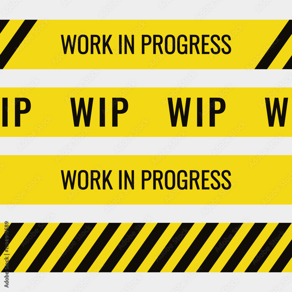 Obraz premium Work in progress seamless tapes. Yellow and Black tapes with stripes and text