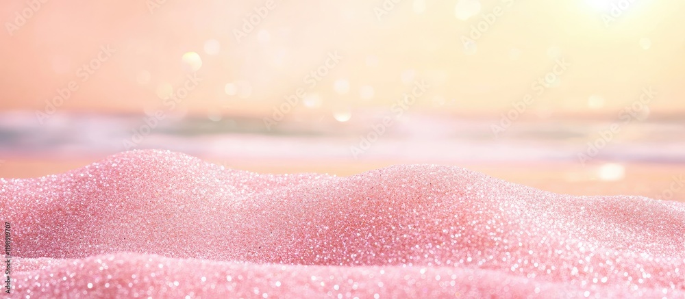 Fototapeta premium Pink sand beach with soft waves and bokeh effect in the background suitable for copy space and design projects.