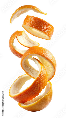 flying orange peel isolated on transparent white background, clipping path