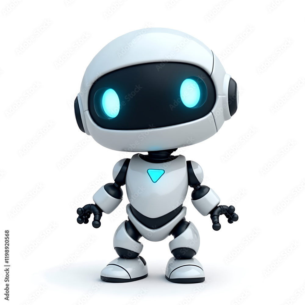 Adorable Futuristic Robot with Bright Blue Eyes and a Sleek White Design in a Digital Illustration Adorable Futuristic Robot with Bright Blue Eyes and a Sleek White Design in a Digital Illustration