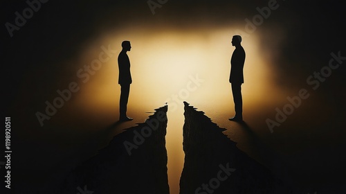 Two silhouetted figures stand facing each other, separated by a growing chasm symbolizing societal division. Dark and moody lighting enhances the tension in the scene