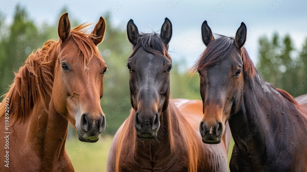 Three Horses Standing Together and Gazing at the Camera Three Horses Standing Together and Gazing at the Camera