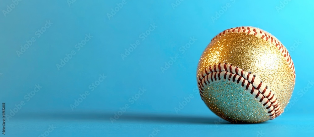 Fototapeta premium Shiny gold glitter baseball on a blue background with ample copy space for text