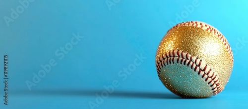 Shiny gold glitter baseball on a blue background with ample copy space for text photo