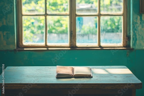 An open book rests on a rustic wooden table  bathed in sunlight streaming through a window.