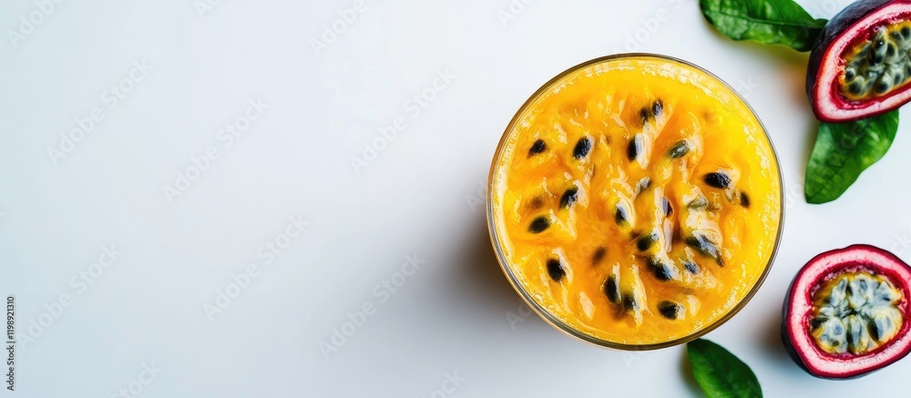 Fototapeta premium Fresh tropical smoothie with passion fruit and mango in glass on white background with copy space. Healthy summer beverage concept.
