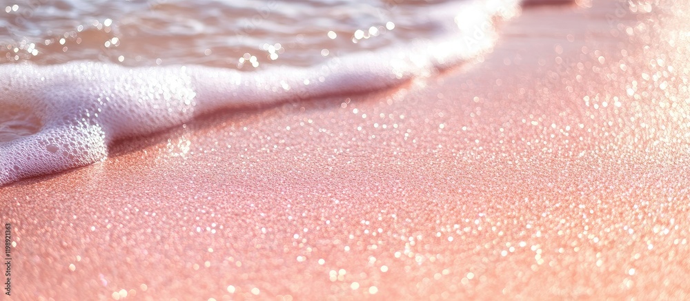 Fototapeta premium Soft waves on a pink sandy beach with sparkling water droplets and gentle foam Copy Space