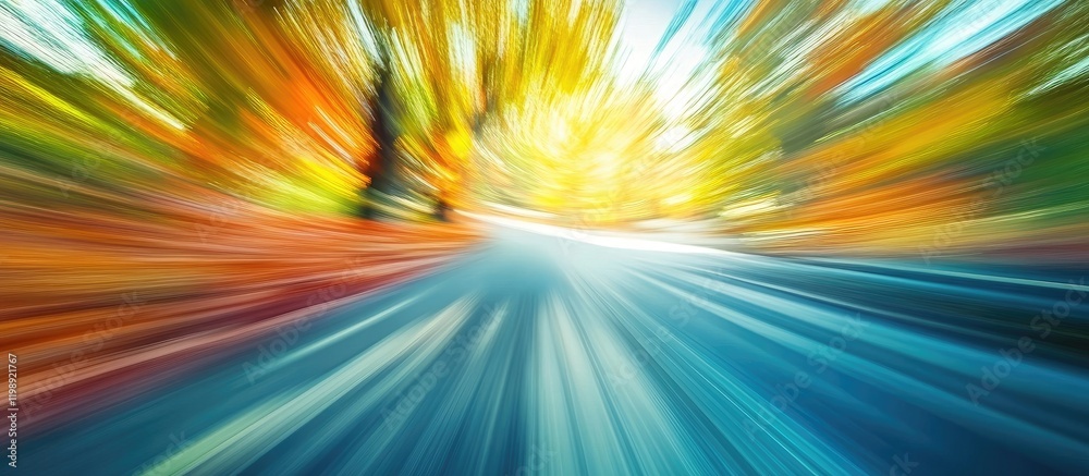 Obraz premium Abstract motion blur of a road surrounded by vibrant autumn foliage with colorful leaf patterns and ample Copy Space for text insertion
