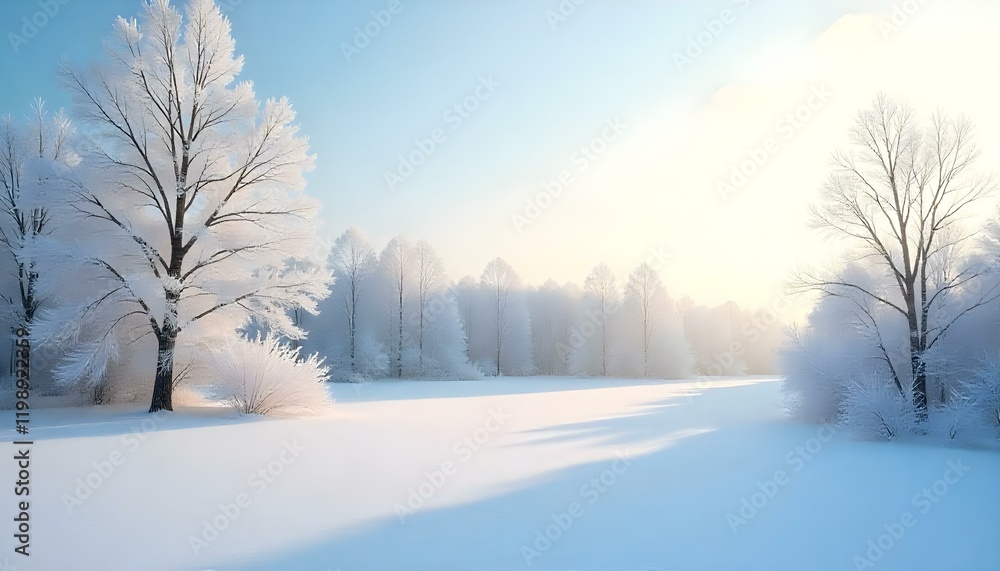 A winter background showcasing a snowy landscape with bare trees covered in frost, a pale blue sky A winter background showcasing a snowy landscape with bare trees covered in frost, a pale blue sky