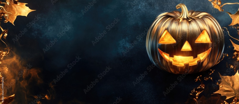 Naklejka premium Halloween themed pumpkin with illuminated face surrounded by autumn leaves on dark background with copy space