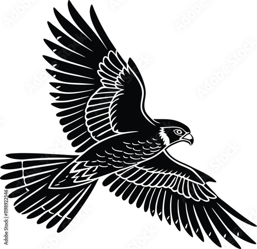 Black Hawk in Flight Illustration - Stylized peregrine falcon air with outstretched wings