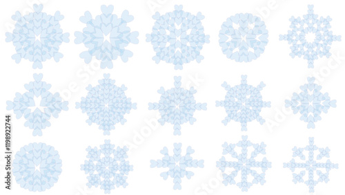 Set of blue snowflakes made from hearts, collection of different winter creative snowflakes, New Year and Christmas concept, cute translucent snowflakes on white background, snowflakes icon set