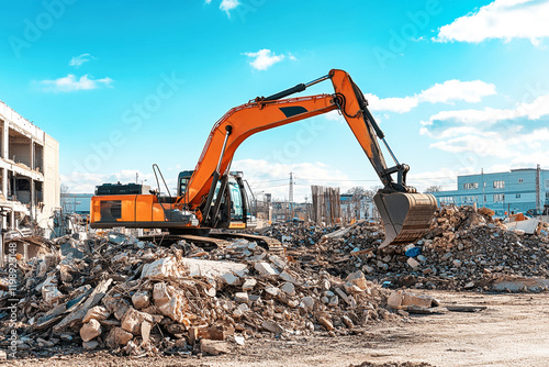 Heavy excavator at work dismantling debris under a bright blue sky on a bustling construction site