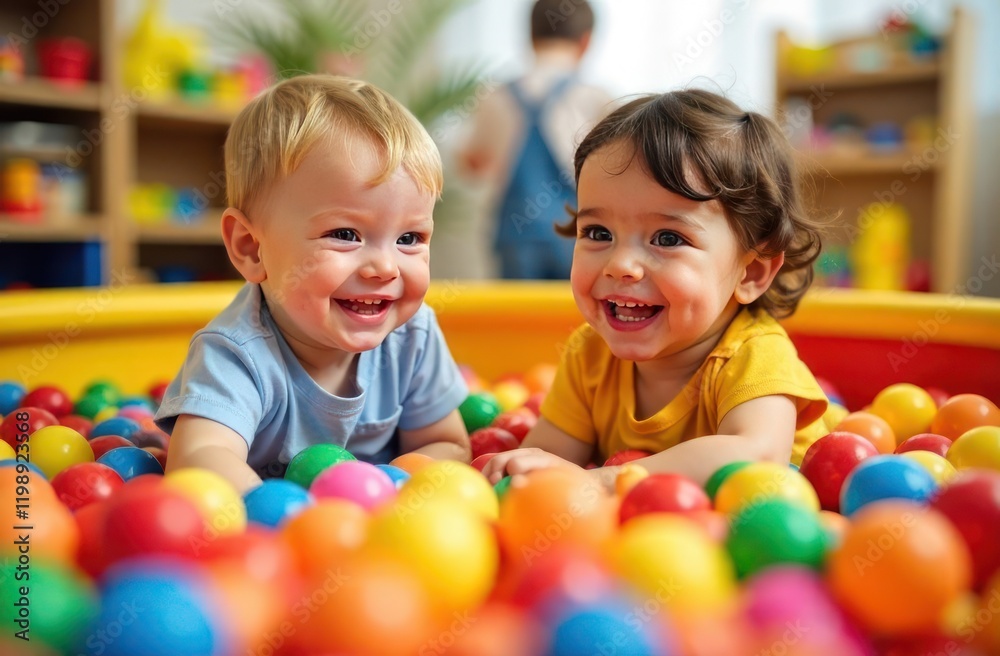 children playing in colorful ball pit, kids in light and red shirts enjoying playful time in vibrant ball pool - concept of kids' fun, indoor playground, joyful playtime children playing in colorful ball pit, kids in light and red shirts enjoying playful time in vibrant ball pool - concept of kids' fun, indoor playground, joyful playtime