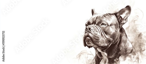 Pet portrait of a muscular bulldog with soft smoke-like effects surrounding its head and ample Copy Space on the left side. photo