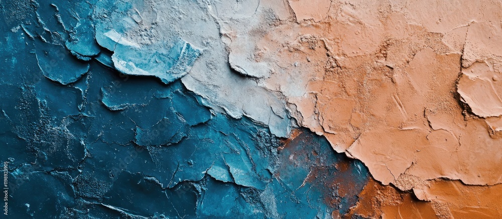 Fototapeta premium Abstract textured background of blue and orange paint layers with rough surfaces and cracks; includes Copy Space.