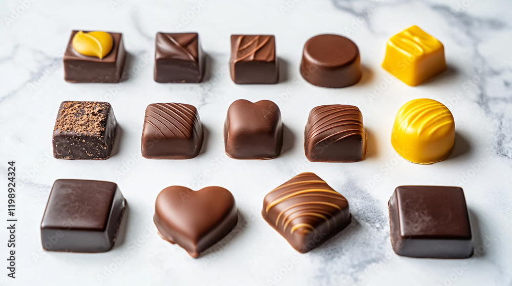 Obraz premium A luxurious selection of chocolate pralines, including rich fillings like salted caramel, hazelnut truffle, and espresso cream, arranged in a sophisticated wooden box for the ultimate indulgence.