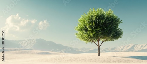 Lone green tree in a vast sandy landscape under a clear sky with soft clouds and mountains in the background featuring Copy Space