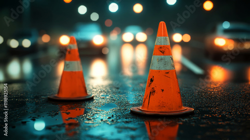 Vibrant orange traffic cones stand out against a blurred urban nightscape of headlights and asphalt photo