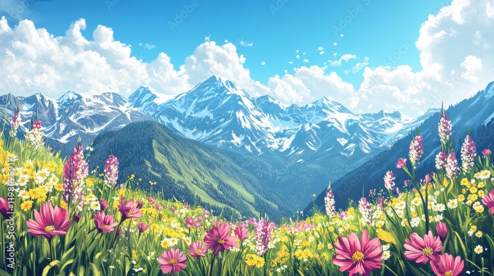 Fototapeta premium Illustrated sunny mountain landscape - A digital art illustration of a vibrant, sunny mountain landscape with flowers and hills